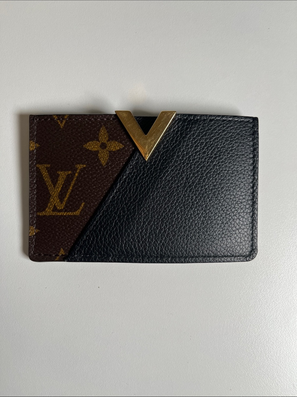 Louis Vuitton Black Leather & Brown Monogram V-Detail Card Holder